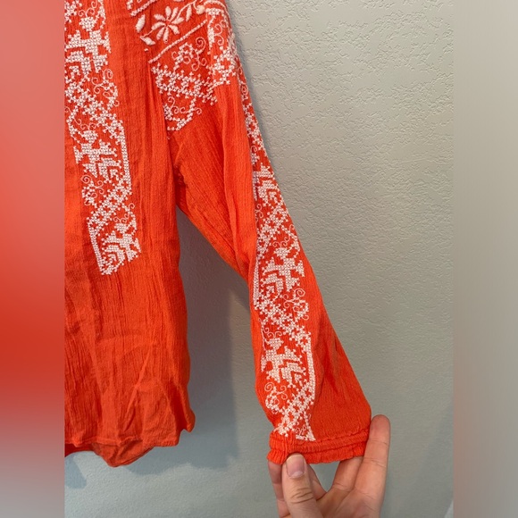 Hinge Orange Coral Embroidered Flowy 3/4 Sleeve Top with Tassels Size XS - Picture 5 of 10